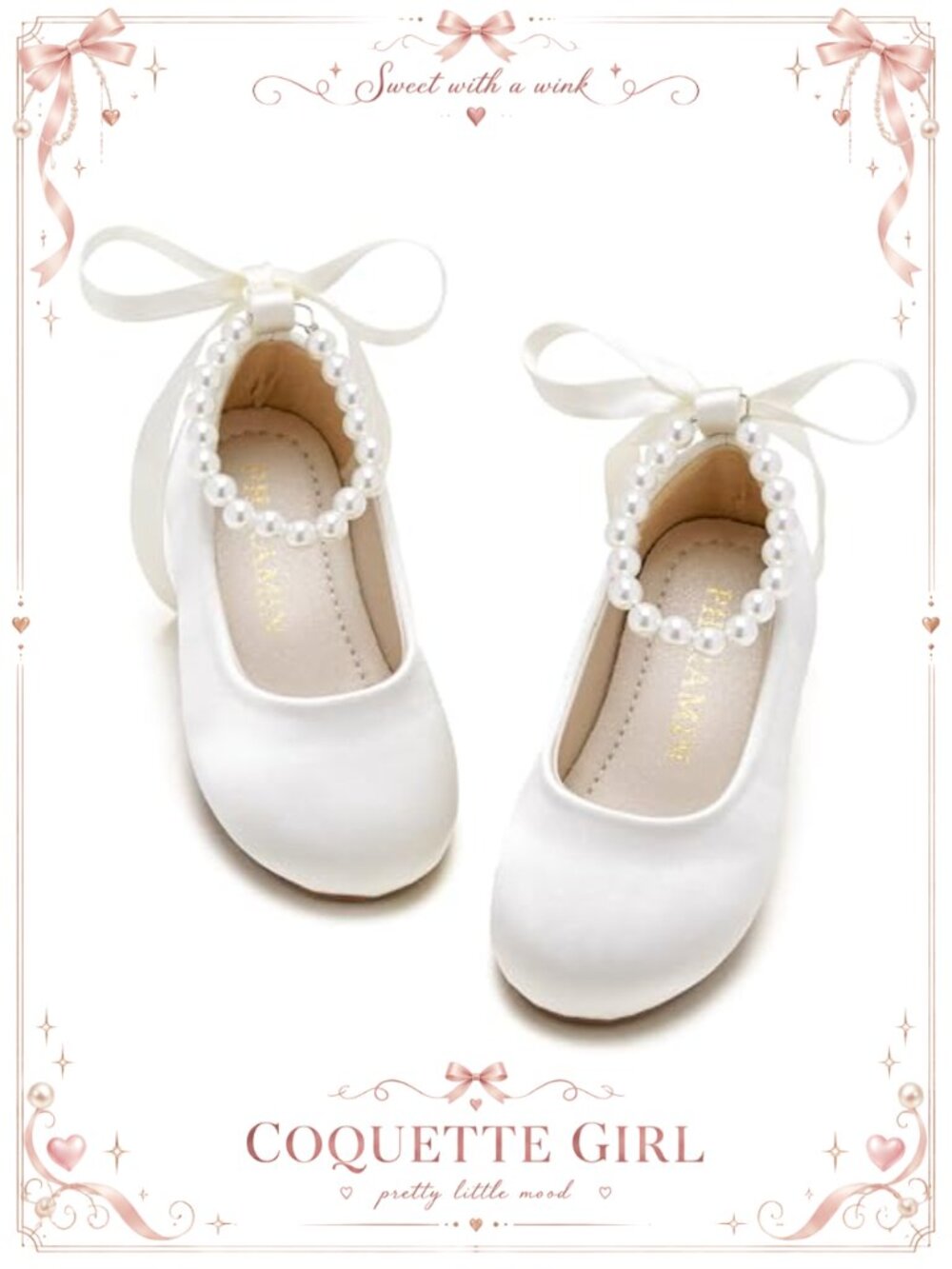 Toddler Girls Satin Ballet Flats Pearl Strap Dress Shoes